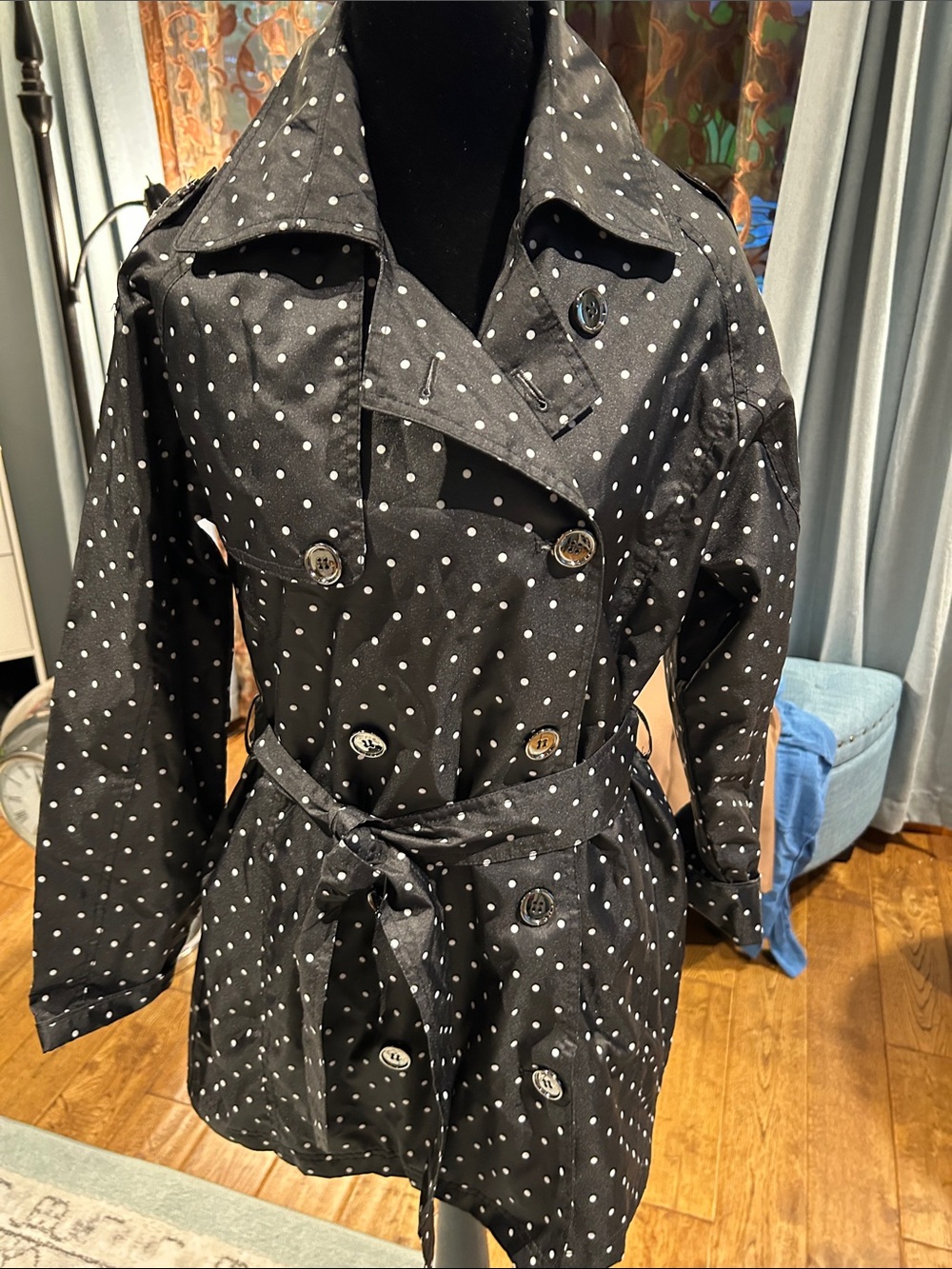 Capelli of New York Black Polka Dot Trench with Belted Waist